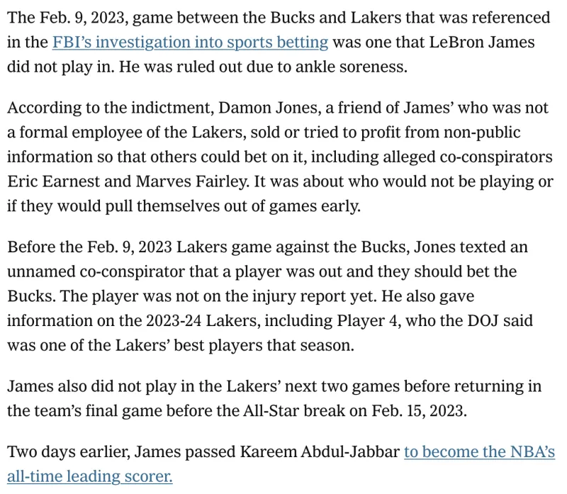 Jones sold non-public information about James's upcoming absence so others could place bets