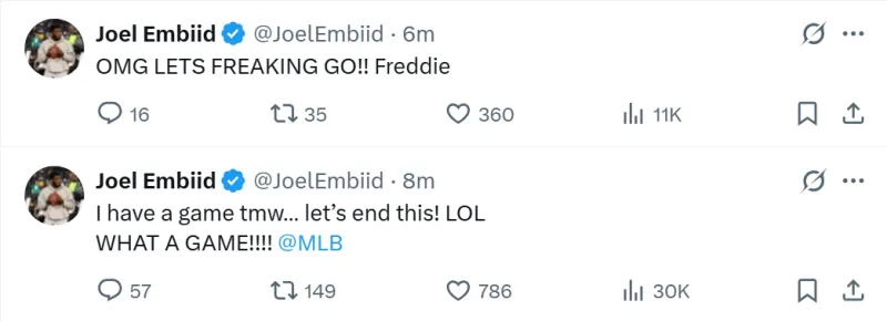Embiid marvels at the MLB World Series: Insane game，Freddie: OMG!