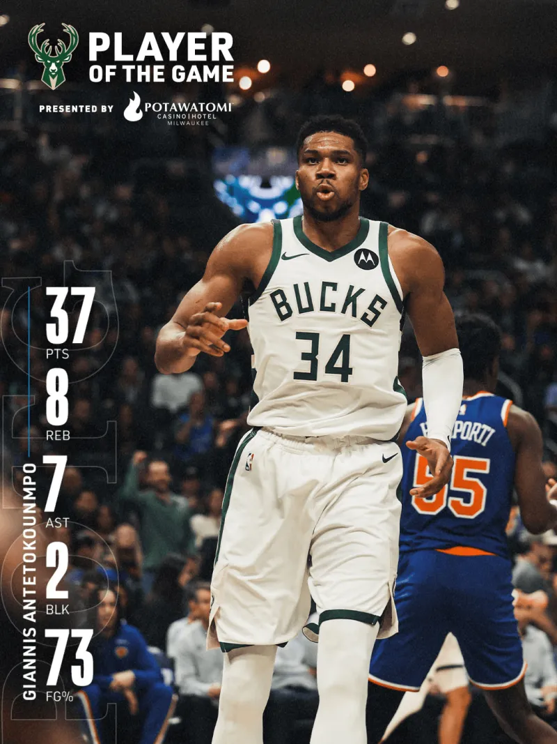 The Bucks shared a poster featuring Giannis Antetokounmpo's stats on social media, captioned: Best of the Game.