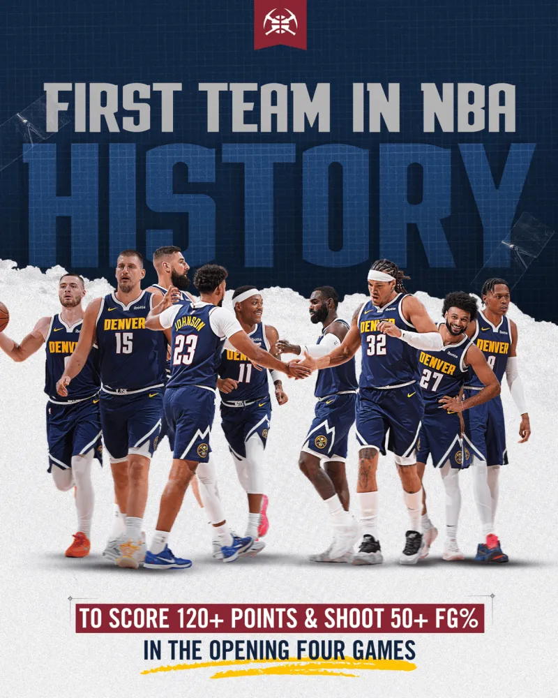 The Denver Nuggets' official media posted a photo: The team averages over 120 points per game with a field goal percentage of over 50%.