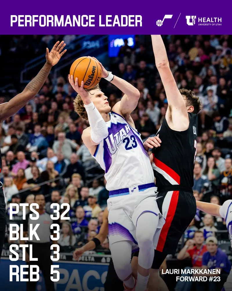 A narrow defeat! The Jazz's official account shared Markkanen's stats: Juvederkjavik's son scored 32 points.