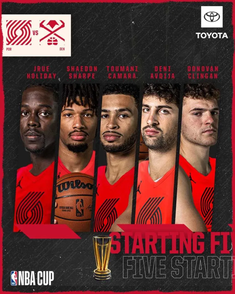 Trail Blazers' starting lineup for this game: Holiday, Sharpe, Avdia, Camara, Klingen