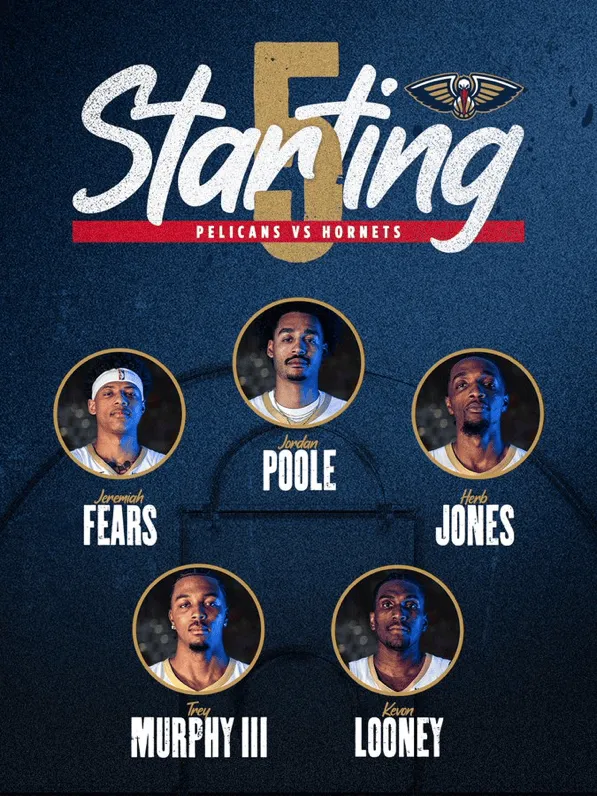 Pelicans' starting lineup against the Hornets today: Poole, Fells, Jones, Murphy, Looney