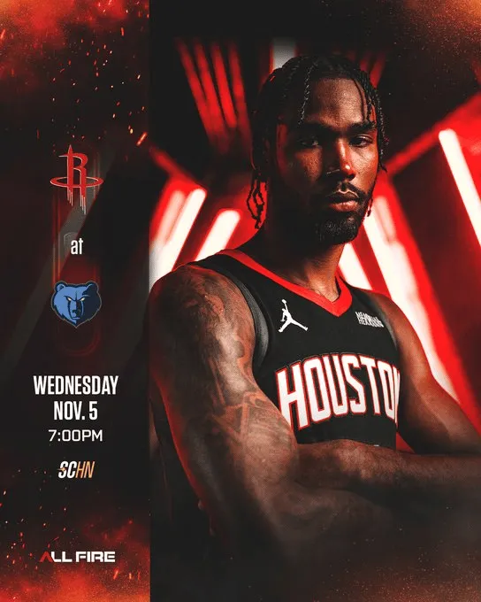 Aiming for a 5-game winning streak! The Rockets' official account posted a poster of Tali Ethan to hype up the game against the Grizzlies.