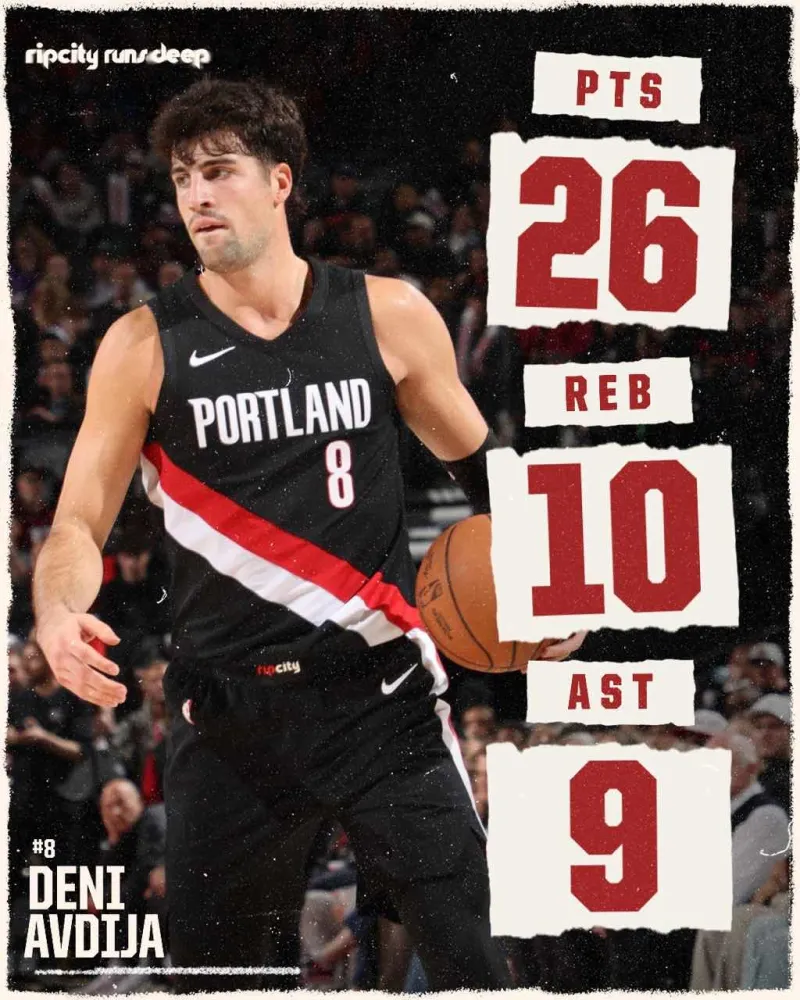 The Trail Blazers shared a poster featuring Avdija's game statistics on social media: An unforgettable night.