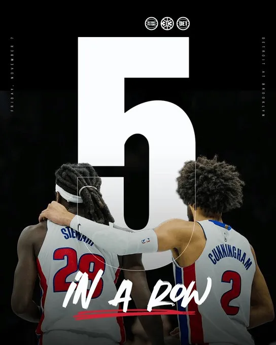 The Pistons celebrate their 5-game winning streak with a poster featuring Cunningham and Stewart.