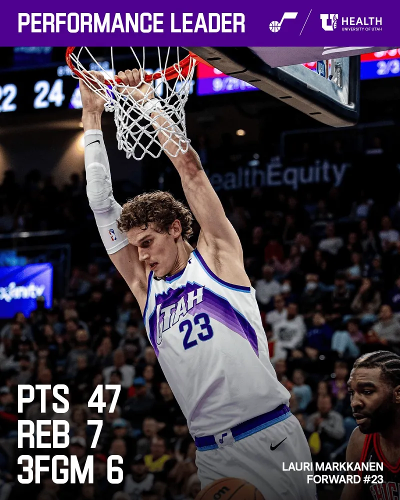Jazz official account: Lauri Markkanen scores his 6th 40+ point game, all while wearing a Jazz jersey.