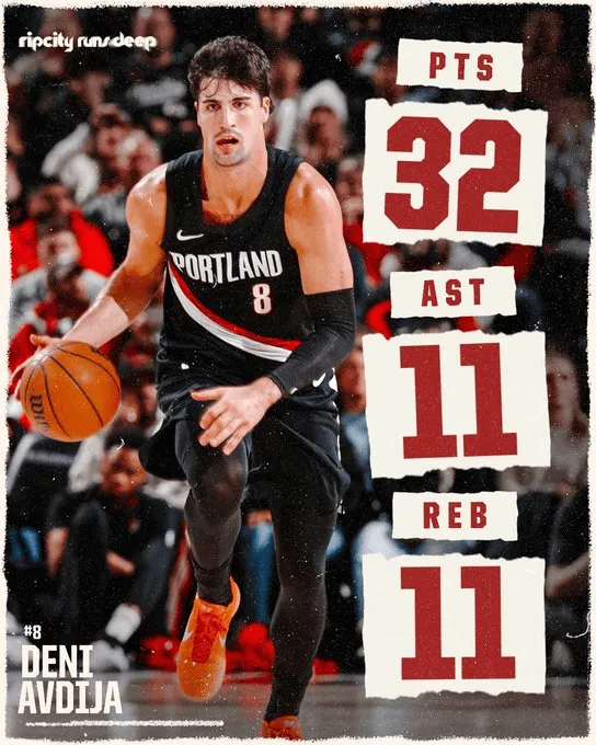 The Trail Blazers released a poster featuring Avdija: 32 points, 11 rebounds, and 11 assists – outstanding!
