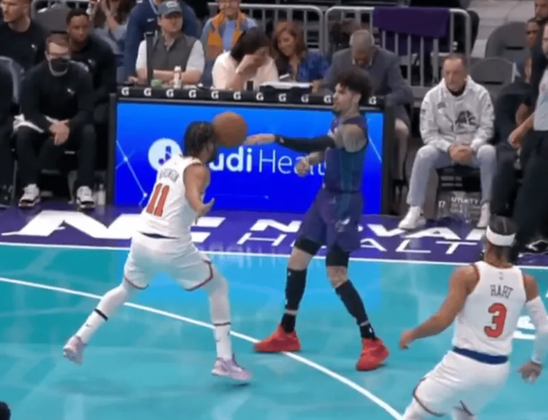 Brunson gets hit in the face by a pass from Ball, Hart teases him.