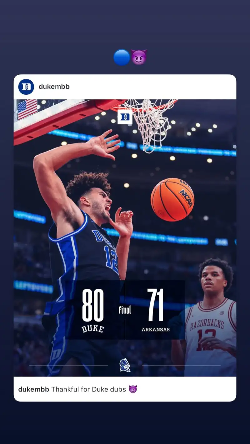 Jayson Tatum posts a poster of Duke University winning a game, showing his love for his alma mater.