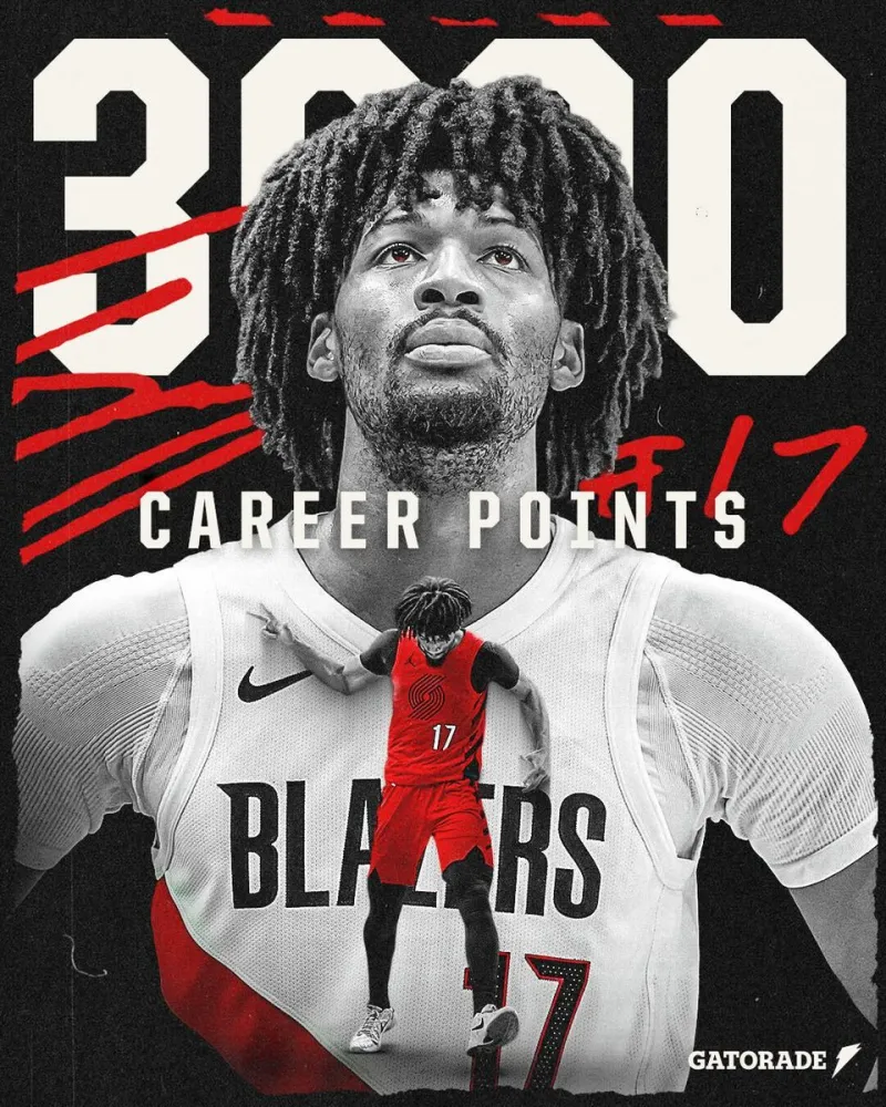 20 points today! Trail Blazers official statement: Sharpe is the youngest player in franchise history to reach 3000 points.
