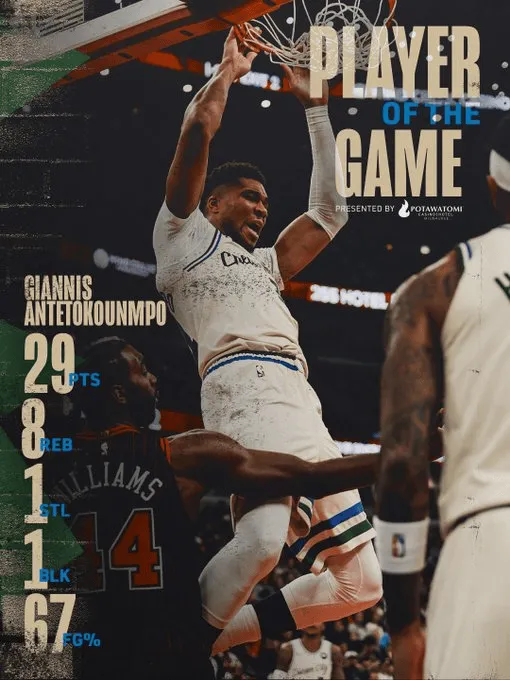 The Bucks officially released a poster highlighting Giannis Antetokounmpo's stats: 29 points and 8 rebounds. Welcome back!