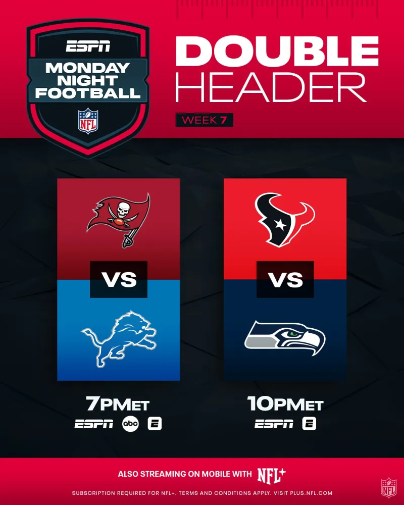 Week 7 Monday Night Game: Buccaneers vs. Lions, Seahawks vs. Texans