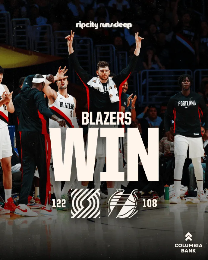 Trail Blazers shared a victory poster on social media: We won 122-108