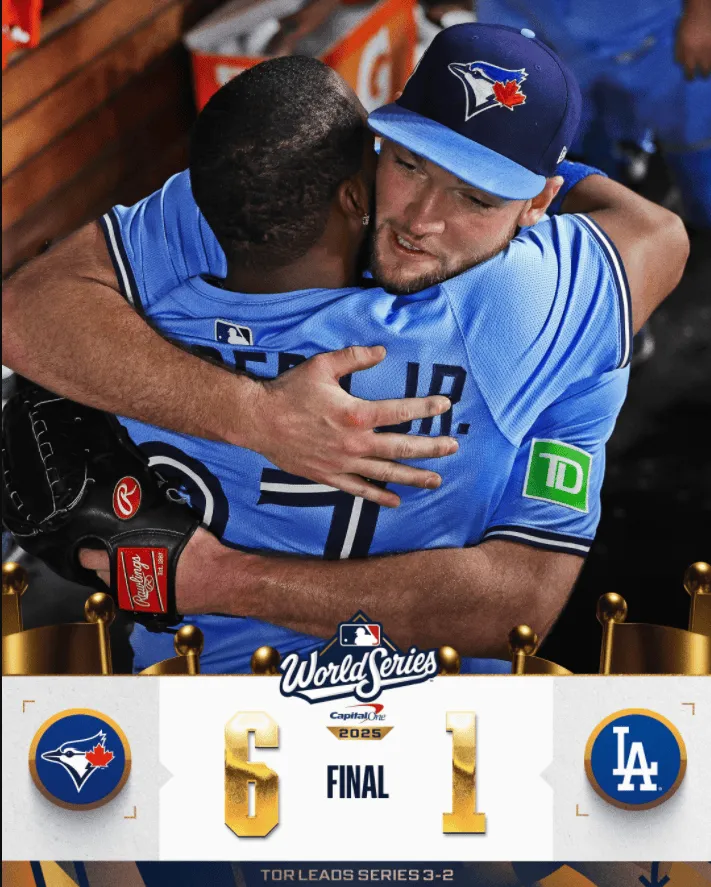 MLB World Series Game 5: Blue Jays defeat Dodgers 6-1, winning the pivotal Game 5.