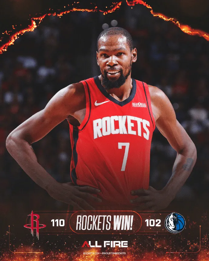 The Rockets released a full-game score poster: Continuing to rise, congratulations to our Rockets on their 4th consecutive victory!