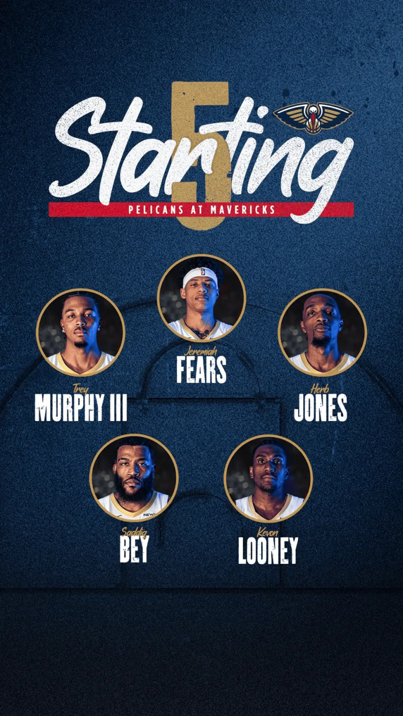 Pelicans' starting lineup against the Mavericks today: Fells, Murphy, Jones, Beal, Looney