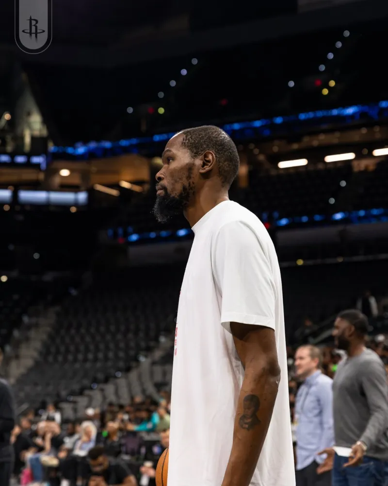 The Rockets' social media account shared moments of the players warming up before the game, featuring Durant and Adams.
