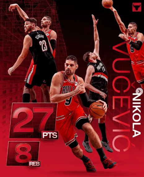 The Chicago Bulls' official Instagram account updated: Vucevic scored 27 points and grabbed 8 rebounds, hitting the game-winning shot to secure the victory for his team.