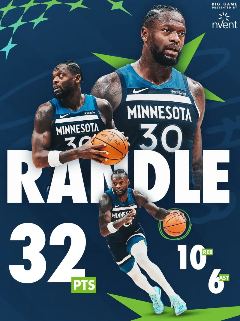 32+10+6! The Timberwolves' official account posted Randle's stats: I get goosebumps every time I see them.