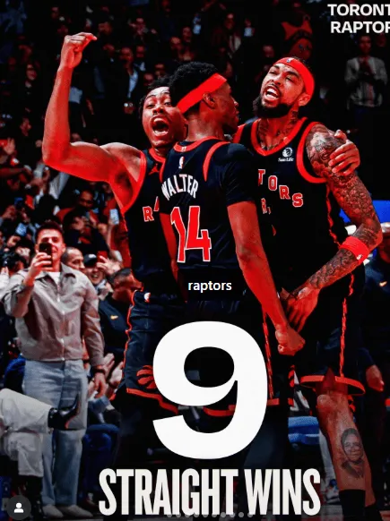 NBA official Instagram update: Raptors are on a 9-game winning streak and unstoppable.