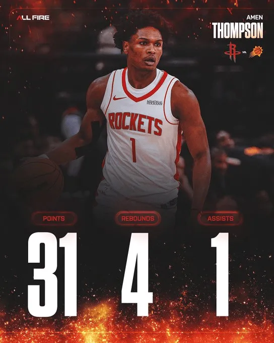 The Rockets' official account released a poster highlighting Amen's stats: 31 points, 4 rebounds, and 1 assist – an amazing performance!