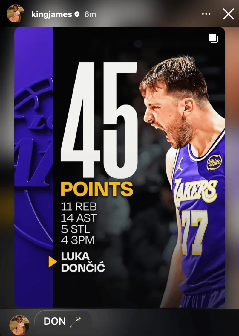 LeBron James posted Luka Doncic's 45-point, 11-rebound, and 14-assist triple-double stats on Instagram