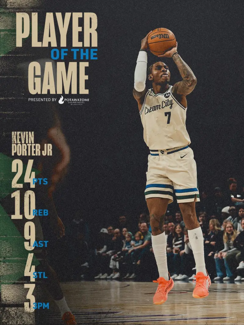 24 points, 10 rebounds, 9 assists, and 4 steals! The Bucks' social media team selected Kevin Porter as the Player of the Day.